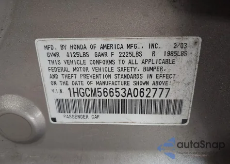 2003 Honda Accord 2.4 Ex from USA, damaged, VIN 1HGCM56653A062777